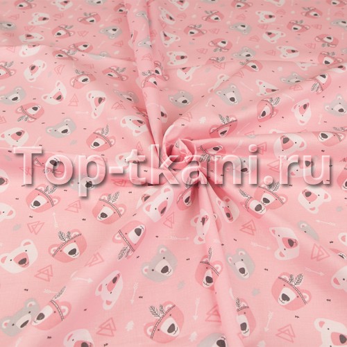 Поплин набивной - Мишки Этника (на розовом) ширина 150 см